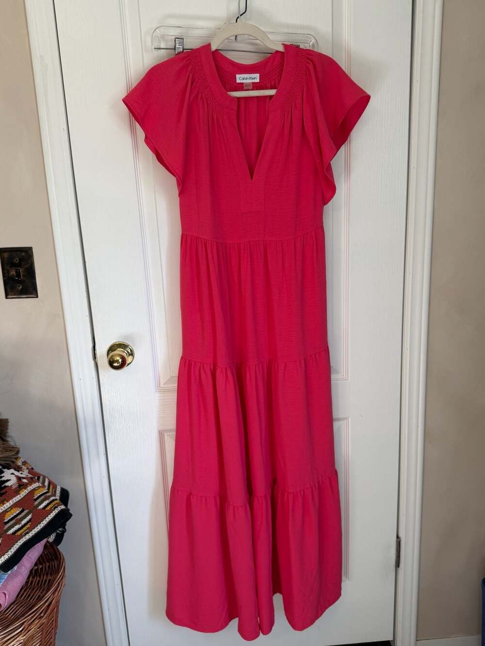 Calvin Klein Women's Flutter Sleeve Tiered Midi Dress Size 8 Pink